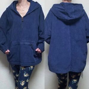 VINTAGE 90s Express Blue Corduroy Hooded Pullover